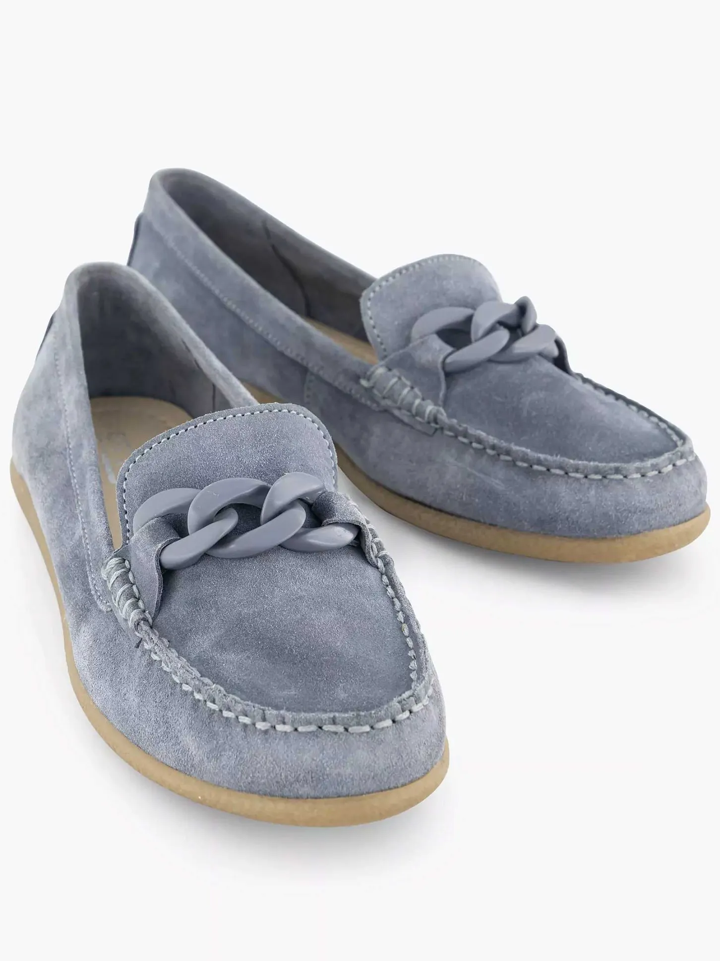 Clearance Blauwe Suede Instapper Sierketting Dames Instappers